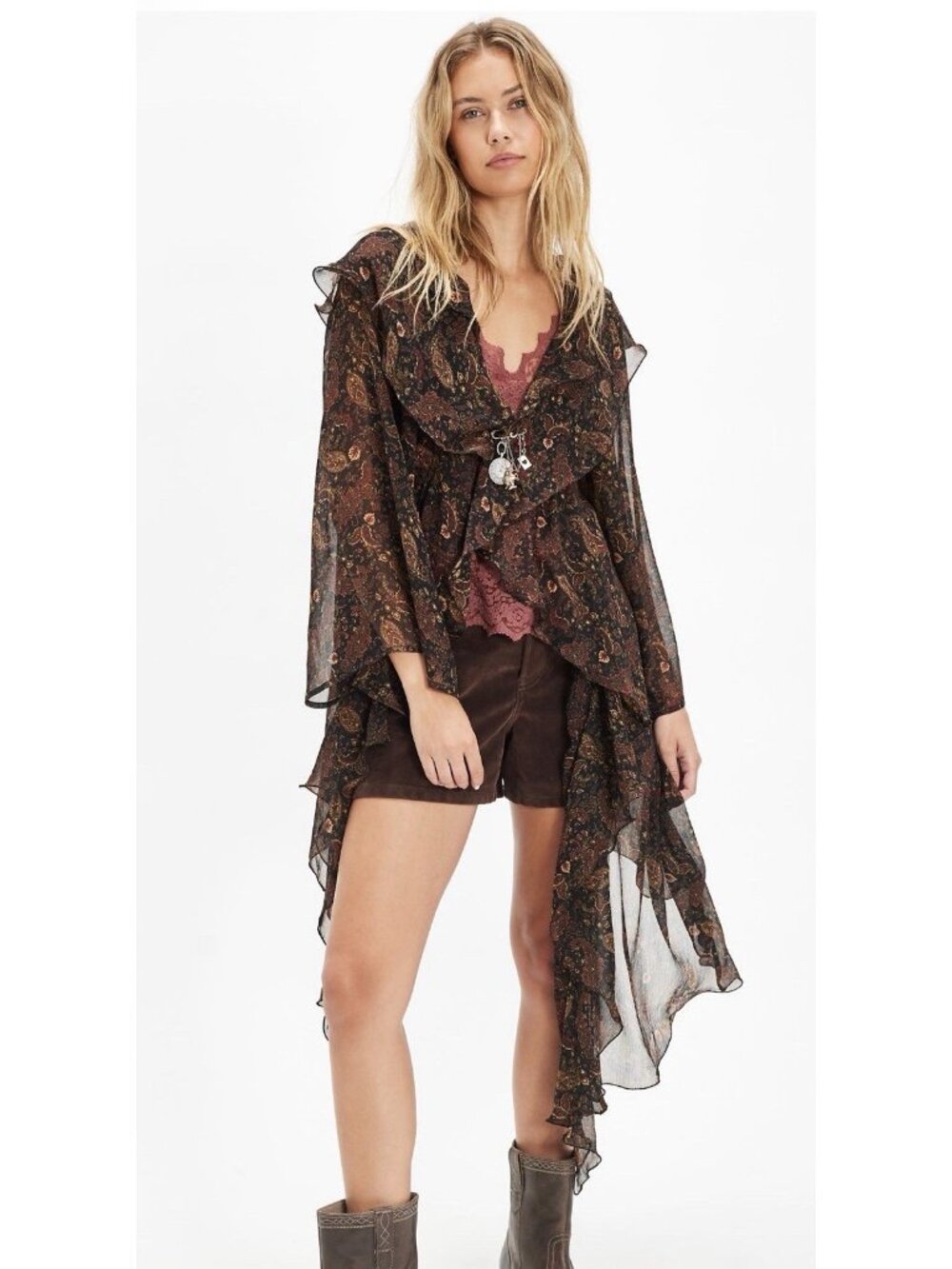 Free People Women’s XS/S Original Paisley Black High Low Kimono Duster NWT